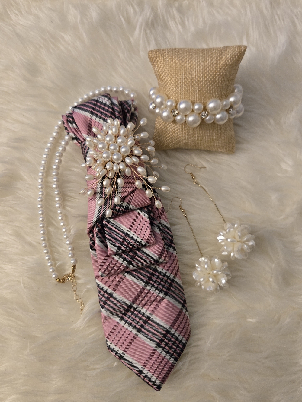 Pink Plaid Pearl Cluster Neck Scarf Accent Necklace